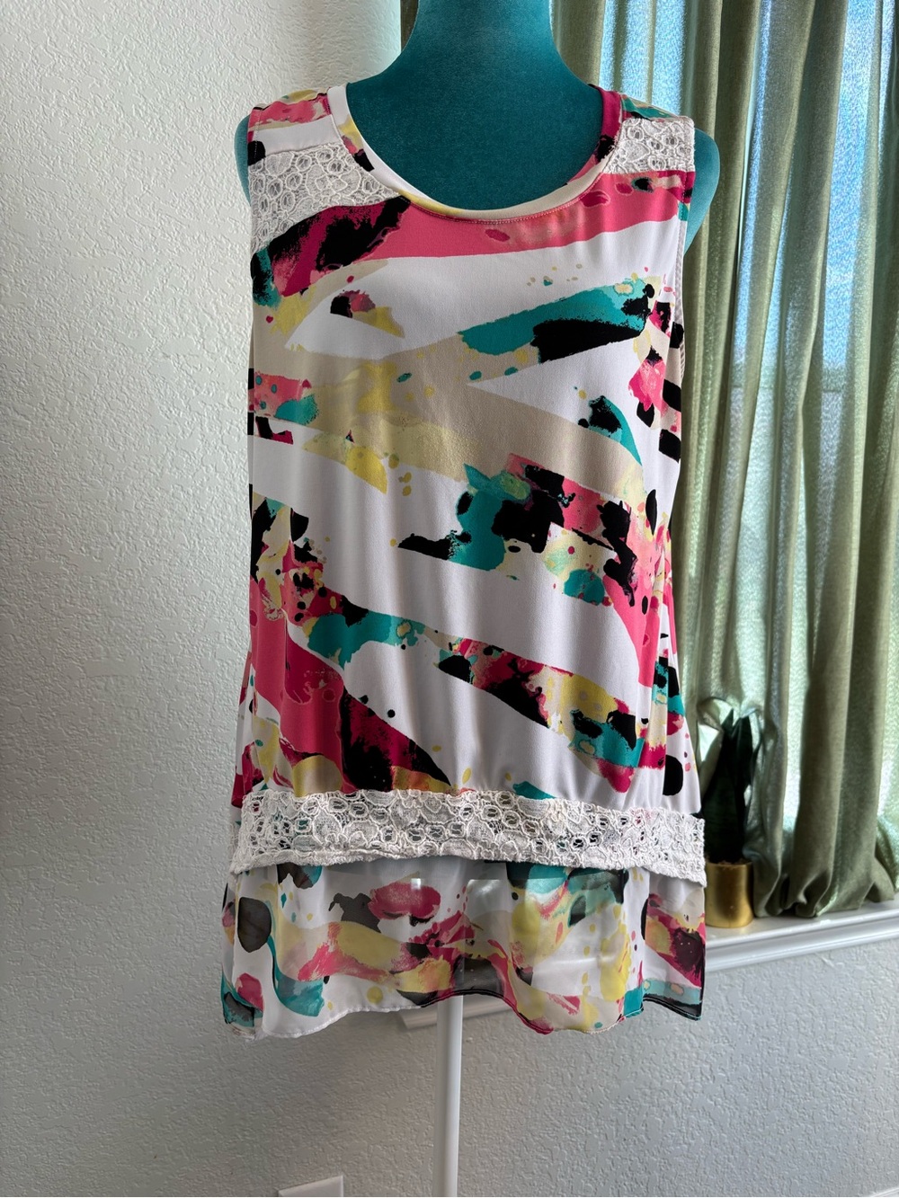 Style & Co. White Tank with Pink, Teal & Yellow Abstract Print and Lace, Boho